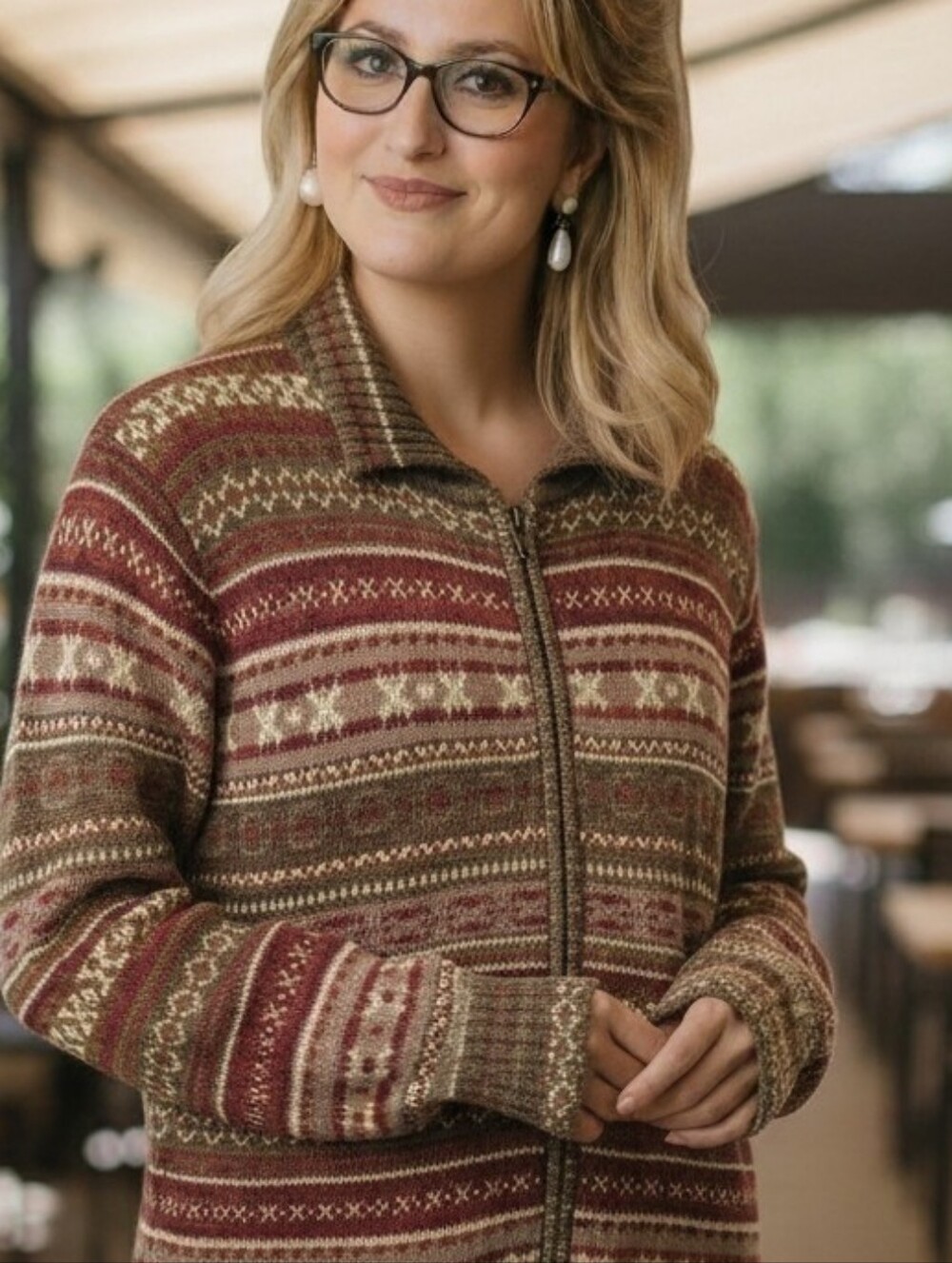 Tiara Multi-Stripe Fair Isle Full zip Cardigan Sweater Mock neck Medium Browns